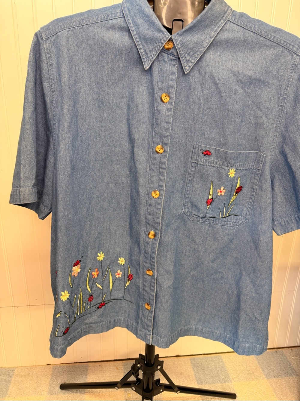 CJ Banks Light Blue Embroidered Denim Button-Down Shirt